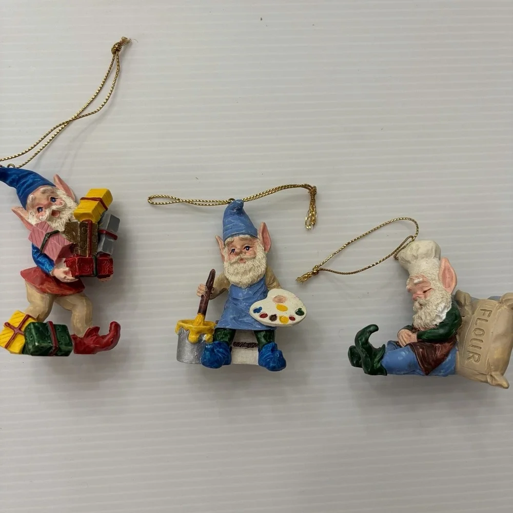 Vintage Christmas Elf Ornament Lot Of 3 Taiwan Pixie Gnome Painter Baker Gifts